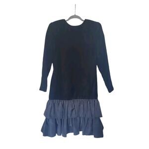 Vintage 80s Formal Black Velvet Drop Waist Tier Ruffled Skirt Midi Dress, Size 8